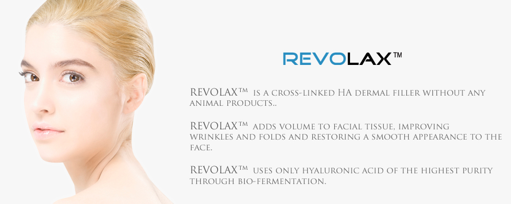REVOLAX�� is non-animal, cross-linked HA dermal filler. REVOLAX�� adds volume to facial tissue, thus correcting wrinkles and folds and restoring a smooth appearance to the face. REVOLAX�� uses only high purity Hyaluronic Acid from bio-fermentation.